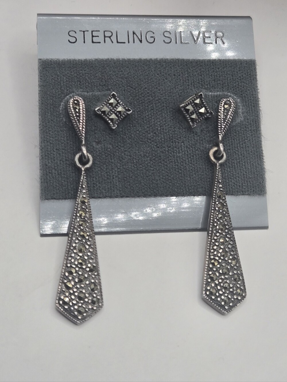 Sterling Silver Marcasite Drop Earrings - Silver "2pairs"